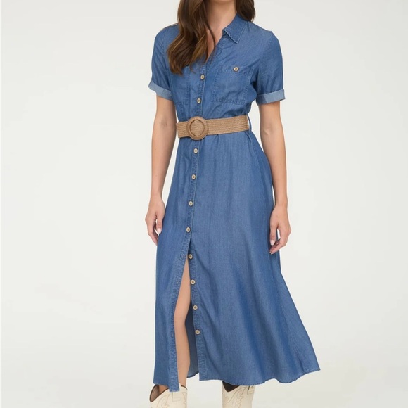 Blu Pepper Denim Blue Midi Dress with Tan Belt - Picture 3 of 5